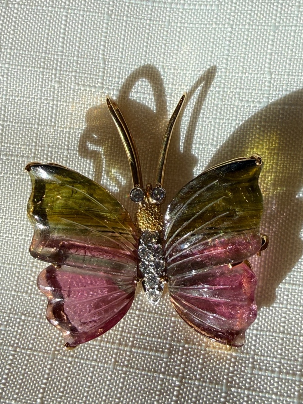 TONI CAVELTI 18k Gold & Carved Watermelon Tourmaline Butterfly Brooch